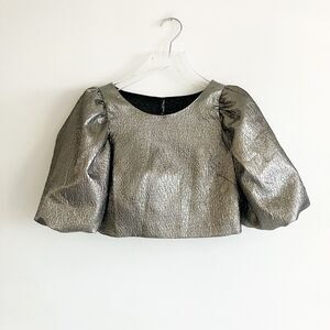 Zara Trafaluc Small Puff Sleeve Crop Top Blouse Metallic Pewter Silver Textured